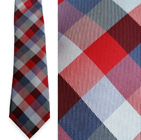 NWT Tommy Hilfiger 100% Silk Blue and Red Checkered Print Tie Preppy Classic - Picture 1 of 13